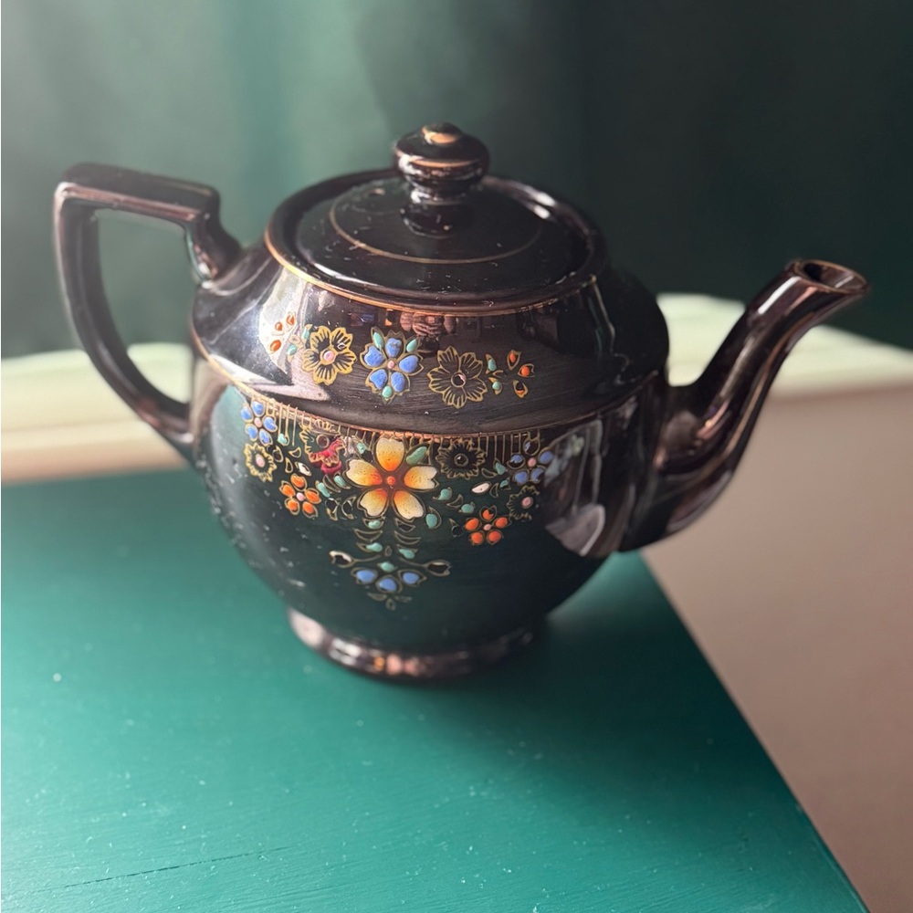 Hand painted Floral Black Teapot